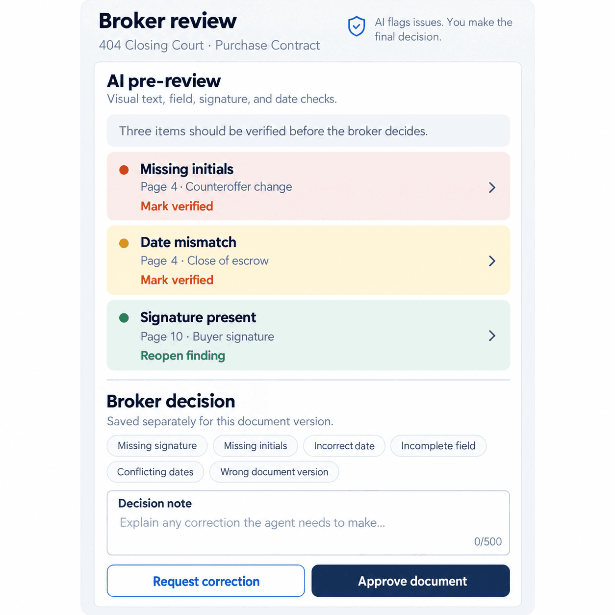 Nextora AI broker review showing missing initials, a date mismatch, and signature verification