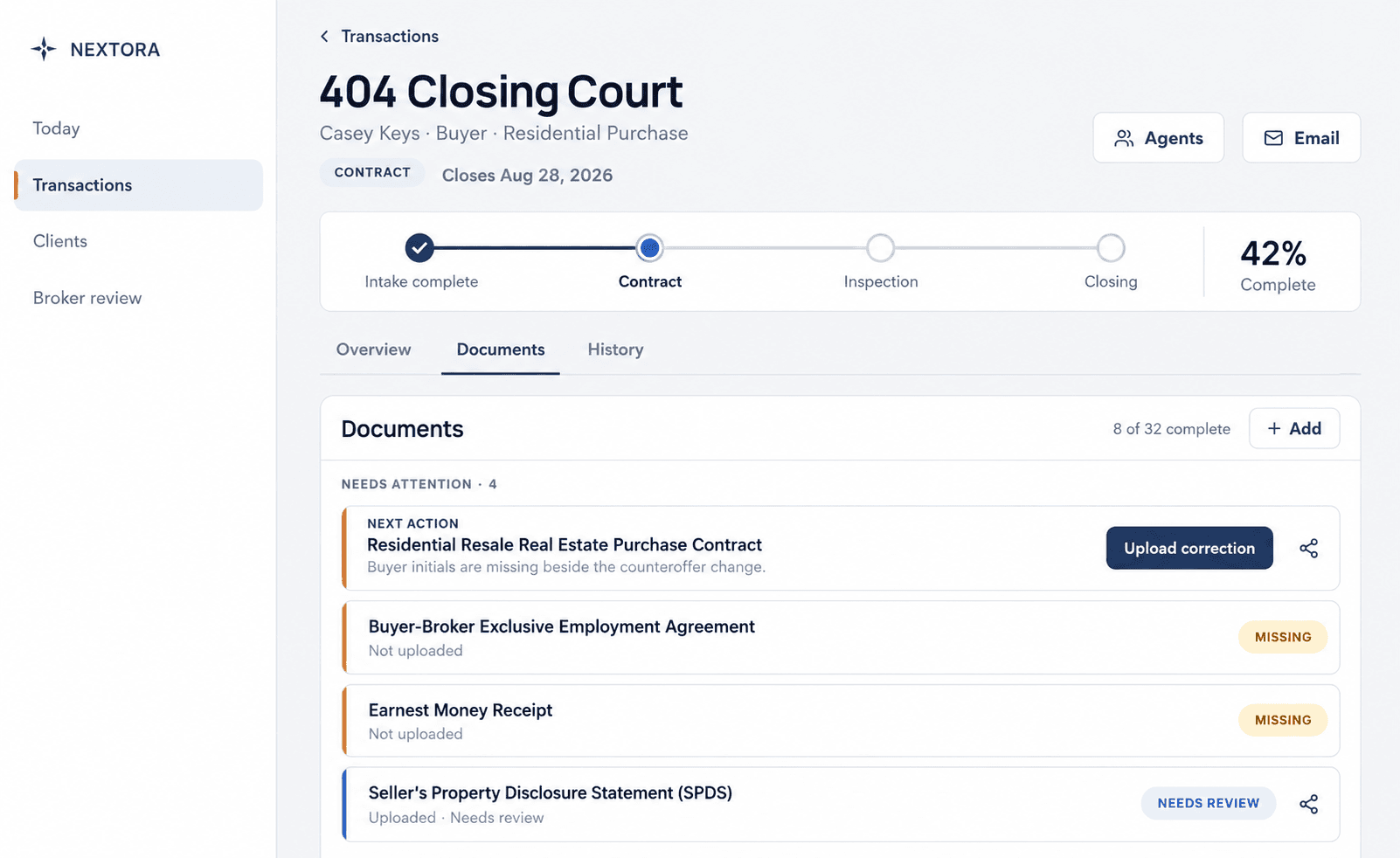 Nextora transaction progress, documents, and next required action
