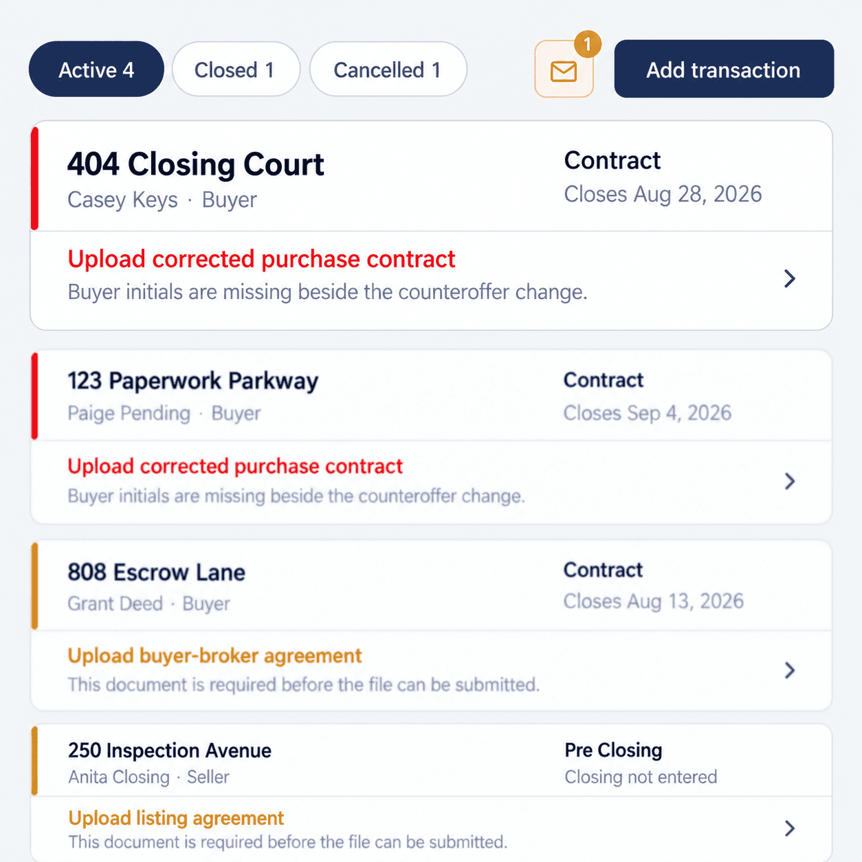 Nextora transaction queue with documents matched to the right files